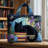 Sac cabas artisanal – chat noir sur des livres