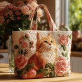 Sac cabas artisanal – chat roux et roses