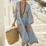 Robe Caftan "Perrine" – Bleu Fleuri d’Égée | Maya Deauville
