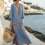Robe Caftan "Sandrine" – Bleu Travaillé | Maya Deauville