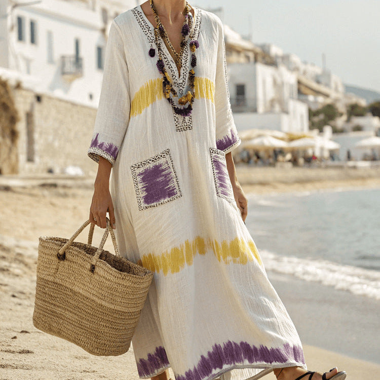 Robe Caftan "Aimée" – Pourpre & Mimosa | Maya Deauville