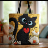 Sac cabas artisanal – chat noir et marguerites