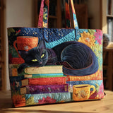 Sac cabas artisanal – chat noir, livres et tasses