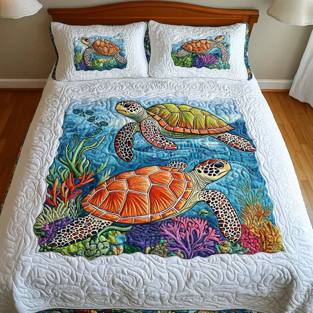 Parure de lit matelassée 3 pièces – Tortues marines