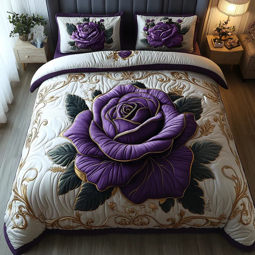Parure de lit matelassée 3 pièces – Rose violette