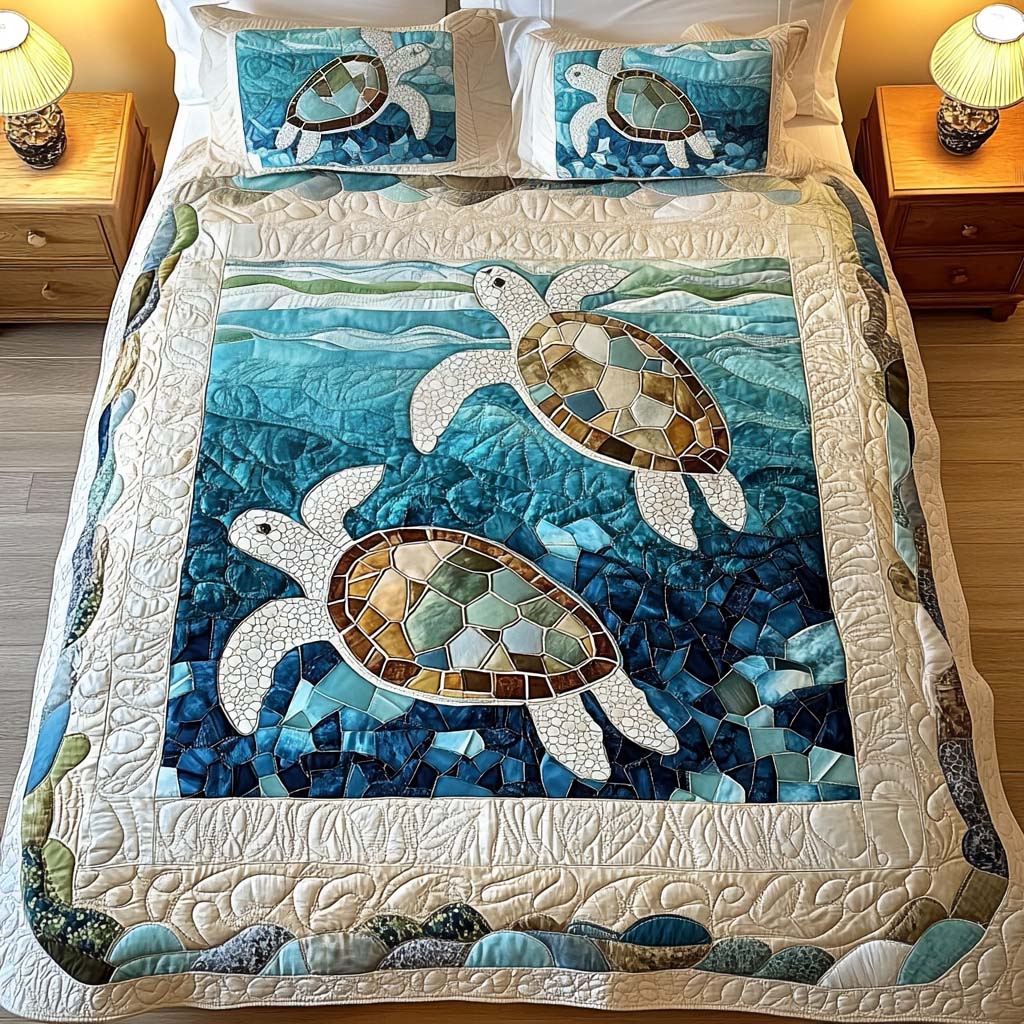 Parure de lit matelassée 3 pièces – Tortues marines