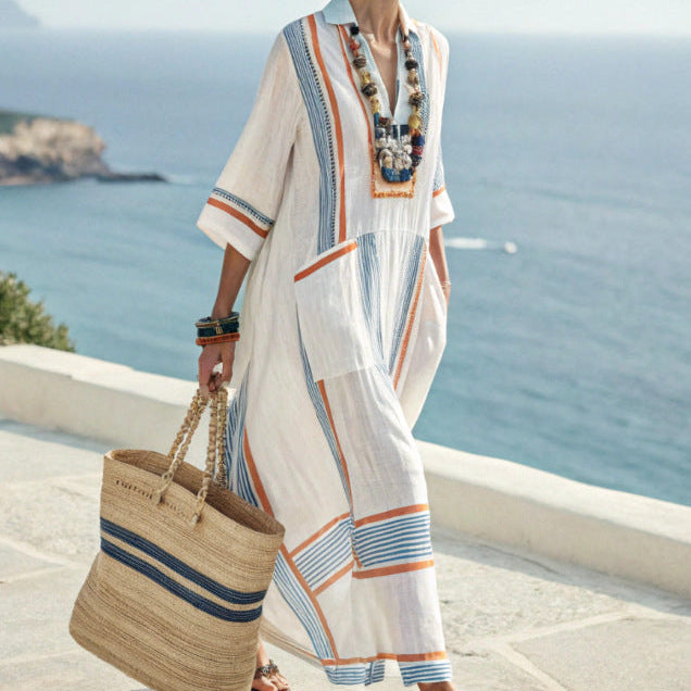 Robe Caftan "Solange" – Cap Bleu & Ambre | Maya Deauville